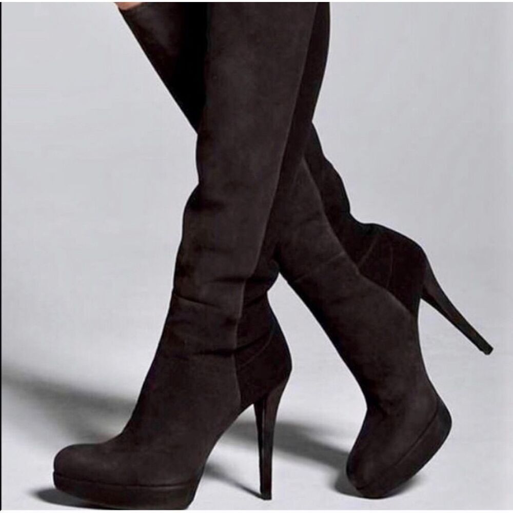 Stuart Weitzman Skyline Platform Boots Black Suede Leather size 9